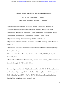 1 Adaptive Selection of an Incretin Gene in Eurasian Populations Chia