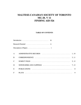 Maltese-Canadian Society of Toronto Mg 28, V 11 Finding Aid 526