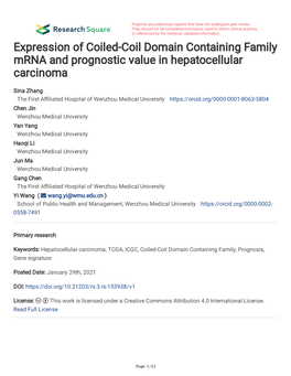 Expression of Coiled-Coil Domain Containing Family Mrna and Prognostic Value in Hepatocellular Carcinoma