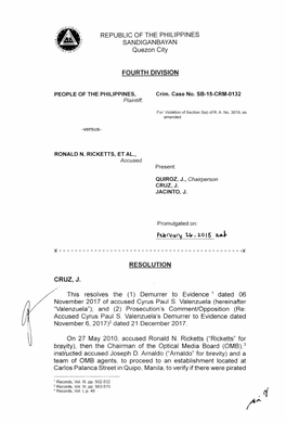 REPUBLIC of the PHILIPPINES SANDIGANBAYAN Quezon City FOURTH DIVISION Fc..Bnja0l 1.(,,2.0 I~ ~ RESOLUTION CRUZ, J. This Resolves