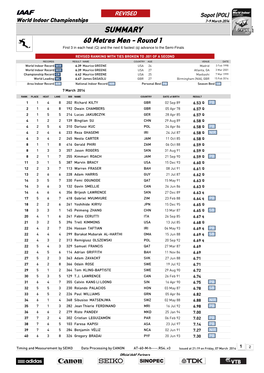 SUMMARY 60 Metres Men - Round 1 First 3 in Each Heat (Q) and the Next 6 Fastest (Q) Advance to the Semi-Finals