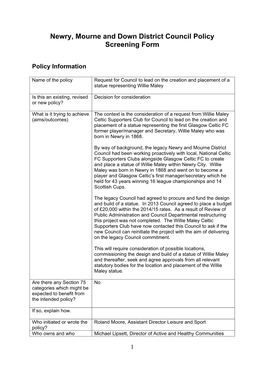 Newry, Mourne and Down District Council Policy Screening Form