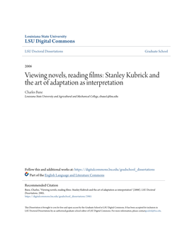 Viewing Novels, Reading Films: Stanley Kubrick and the Art of Adaptation As