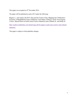 This Paper Was Accepted on 4Th November 2016 the Paper Will Be Published in Early 2017 Under the Following: Begum, L., and Anjum