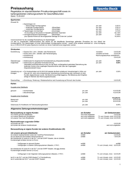 Preisaushang Regelsätze Im Standardisierten Privatkundengeschäft Sowie Im Kartengestützten Zahlungsverkehr Für Geschäftskunden Stand: 13.09.2021