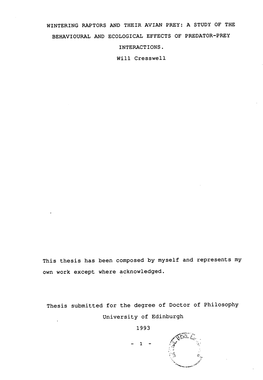 Wintering Raptors and Their Avian Prey: a Study of the Behavioural and Ecological Effects of Predator-Prey Interactions