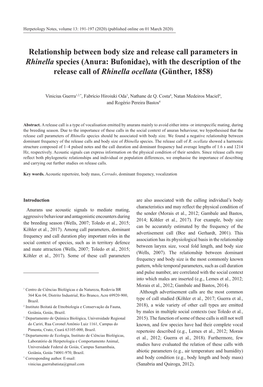 Relationship Between Body Size and Release Call Parameters in Rhinella