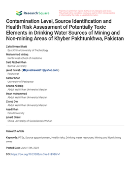 Contamination Level, Source Identi Cation and Health Risk Assessment