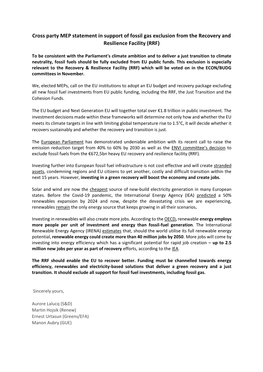 Cross Party MEP Statement in Support of Fossil Gas Exclusion from the Recovery and Resilience Facility (RRF)