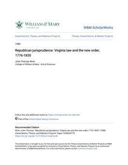 Virginia Law and the New Order, 1776-1830