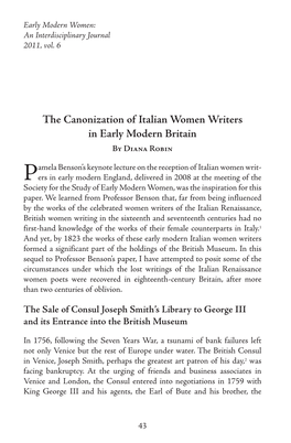 The Canonization of Italian Women Writers in Early Modern Britain by Diana Robin