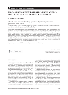 Biogas Production Potential from Animal Manure in Samsun Province of Turkey