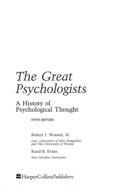 The Great Psychologists a History of Psychological Thought