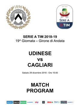 UDINESE Vs CAGLIARI MATCH PROGRAM