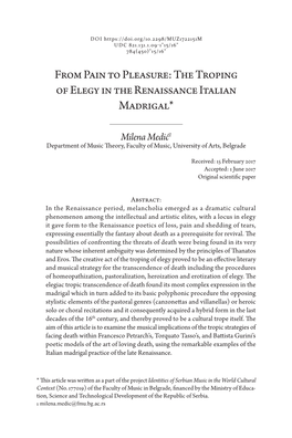 The Troping of Elegy in the Renaissance Italian Madrigal*