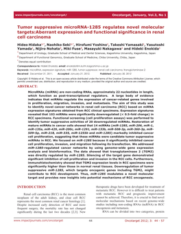 Tumor Suppressive Microrna-1285 Regulates Novel Molecular Targets:Aberrant Expression and Functional Significance in Renal Cell Carcinoma