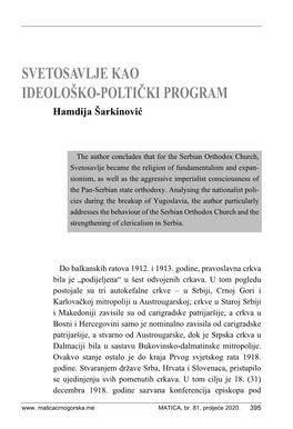 SVETOSAVLJE KAO IDEOLOŠKO-POLTIČKI PROGRAM Hamdija Šarkinović