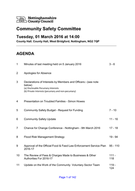 Community Safety Committee Tuesday, 01 March 2016 at 14:00 County Hall , County Hall, West Bridgford, Nottingham, NG2 7QP