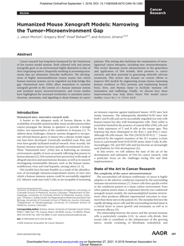 Humanized Mouse Xenograft Models: Narrowing the Tumor–Microenvironment Gap J