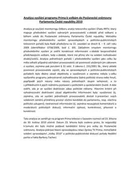 Analýza Vysílání Programu Prima K Volbám Do Poslanecké Sněmovny Parlamentu České Republiky 2010