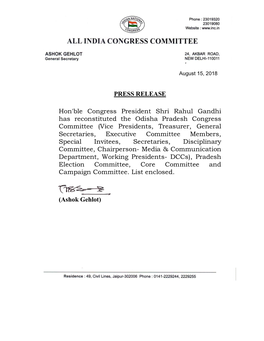 PRESS RELEASE Hon'ble Congress President Shri Rahul Gandhi Has