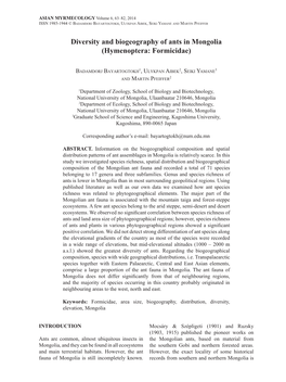 Diversity and Biogeography of Ants in Mongolia (Hymenoptera: Formicidae)