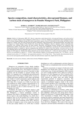 Species Composition, Stand Characteristics, Aboveground Biomass, and Carbon Stock of Mangroves in Panabo Mangrove Park, Philippines