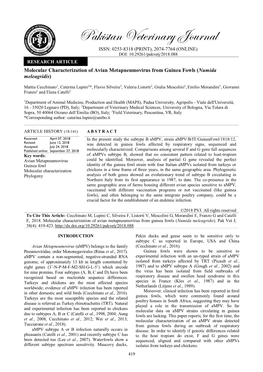 Molecular Characterization of Avian Metapneumovirus from Guinea Fowls (Numida Meleagridis)