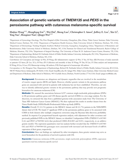 Association of Genetic Variants of TMEM135 and PEX5 in the Peroxisome Pathway with Cutaneous Melanoma-Specific Survival