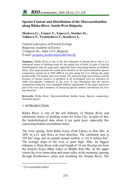 Species Content and Distribution of the Macrozoobenthos Along Rilska River, South-West Bulgaria