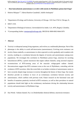 Does Batrachotoxin Autoresistance Co-Evolve with Toxicity in Phyllobates Poison-Dart Frogs?