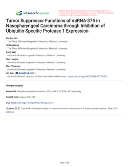 Tumor Suppressor Functions of Mirna-375 in Nasopharyngeal Carcinoma Through Inhibition of Ubiquitin-Specifc Protease 1 Expression