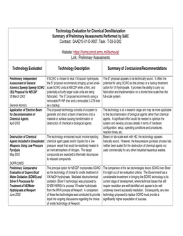 Technology Evaluation for Chemical Demilitarization Summary of Preliminary Assessments Performed by SAIC Contract: DAAD13-01-D-0007, Task: T-03-S-002