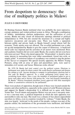 From Despotism to Democracy: the Rise of Multiparty Politics in Malawi