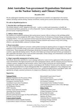Joint Australian Non-Government Organisations Statement on the Nuclear Industry and Climate Change