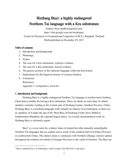 Hezhang Buyi: a Highly Endangered Northern Tai Language with a Kra Substratum