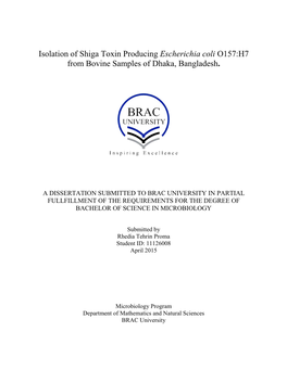 Escherichia Coli O157:H7 from Bovine Samples of Dhaka, Bangladesh