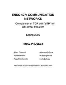 ENSC 427: COMMUNICATION NETWORKS Comparison of TCP with 