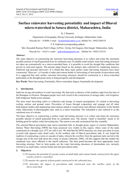 Surface Rainwater Harvesting Potentiality and Impact of Dhaval Micro-Watershed in Satara District, Maharashtra, India