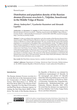 Distribution and Population Density of the Russian Desman (Desmana Moschata L., Talpidae, Insectivora) in the Middle Volga of Russia