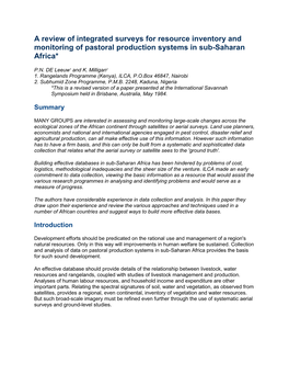 A Review of Integrated Surveys for Resource Inventory and Monitoring of Pastoral Production Systems in Sub-Saharan Africa*