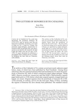 Two Letters of Honorius Iii to Catalonia