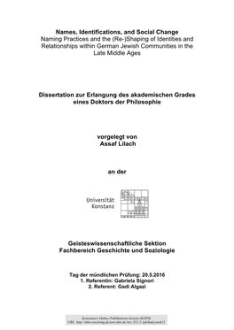 Naming Practices and the (Re-)Shaping of Identities and Relationships Within German Jewish Communities in the Late Middle Ages