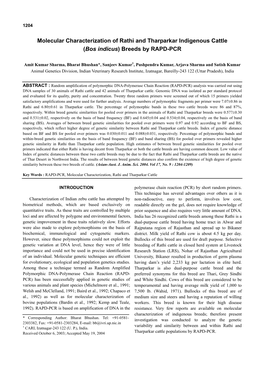 Molecular Characterization of Rathi and Tharparkar Indigenous Cattle (Bos Indicus) Breeds by RAPD-PCR