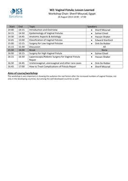 W2: Vaginal Fistula; Lesson Learned Workshop Chair: Sherif Mourad, Egypt 26 August 2013 14:00 - 17:00