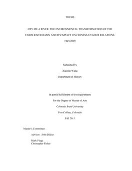 The Environmental Transformation of the Tarim River Basin and Its Impact on Chinese-Uyghur Relations, 1