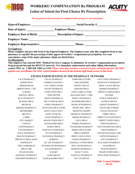 WORKERS' COMPENSATION Rx PROGRAM Letter of Intent for First