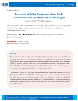 Extraction of Active Components from Crude Ocimum Sanctum and Maintenance of C