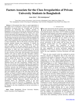 Factors Associate for the Class Irregularities of Private University Students in Bangladesh