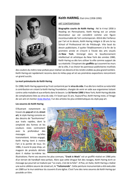 (1958-1990) ART CONTEMPORAIN Biographie Courte De Keith Haring